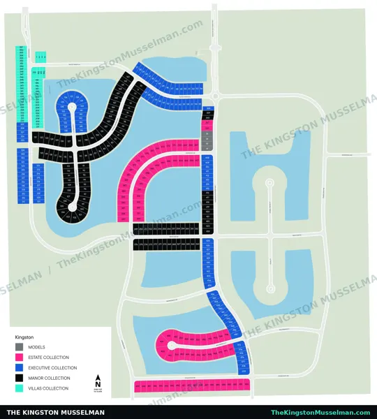 Kingston South homesite map: seafoam Villas, royal blue Executive, black Manor, hot pink Estate, gray model homes